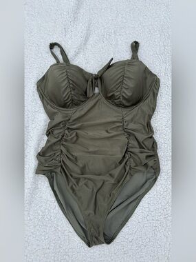 LYSA Olive Ruched One-Piece Swimsuit with Tie Front